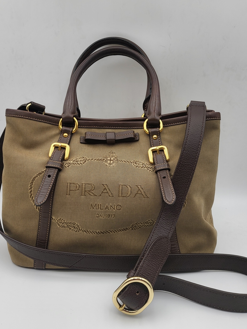 PRADAJacquard Logo Tote Corda Bruciato Bag. Authentic !!